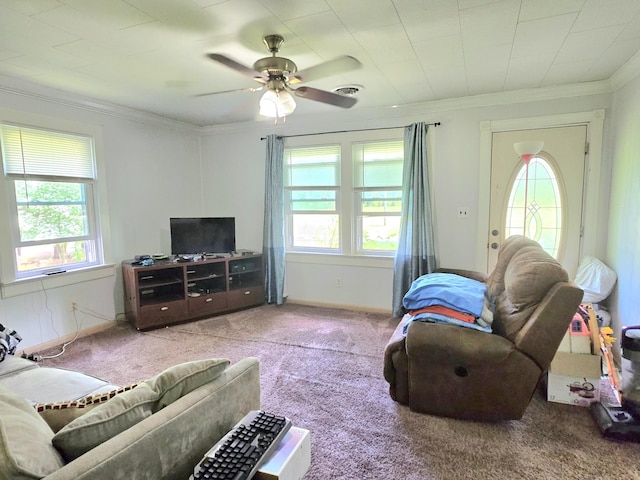 118 Bone Cave Rd, Rock Island, TN 38581 - carpeted living room featuring plenty of natural light, ceiling fan, and ornamental molding