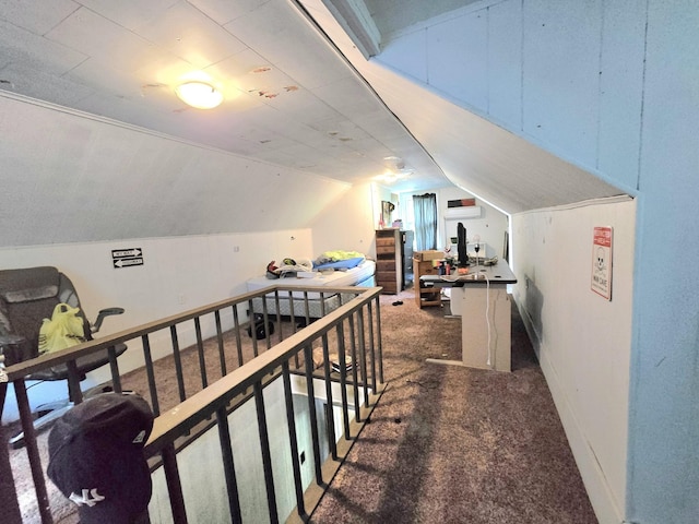 118 Bone Cave Rd, Rock Island, TN 38581 - corridor featuring carpet flooring, lofted ceiling, and a wall mounted air conditioner