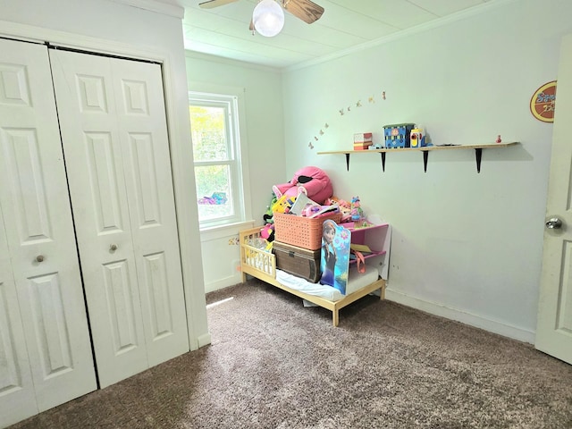 118 Bone Cave Rd, Rock Island, TN 38581 - carpeted bedroom with ornamental molding, baseboards, a closet, and a ceiling fan
