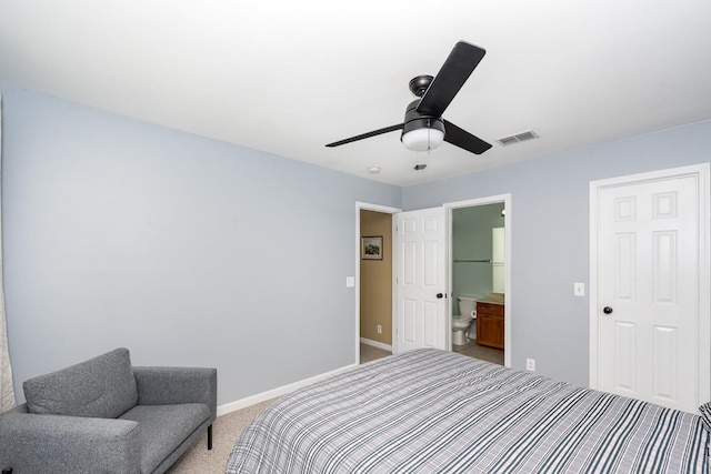 909 Miranda Pl, Franklin, TN 37067 - bedroom with light carpet, baseboards, a ceiling fan, and connected bathroom