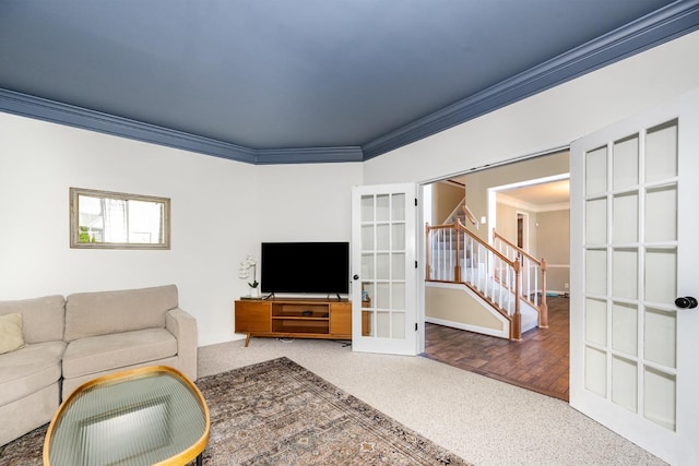 909 Miranda Pl, Franklin, TN 37067 - living room with french doors, crown molding, and stairs