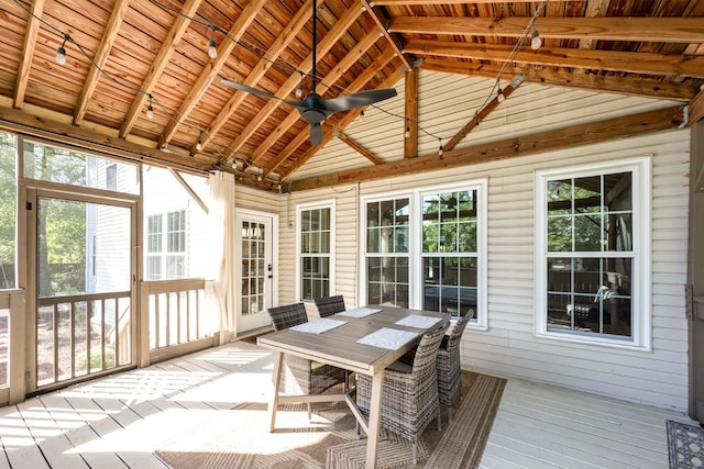 909 Miranda Pl, Franklin, TN 37067 - sunroom / solarium with a ceiling fan, a wooden deck, lofted ceiling, outdoor dining area, and wood finished floors