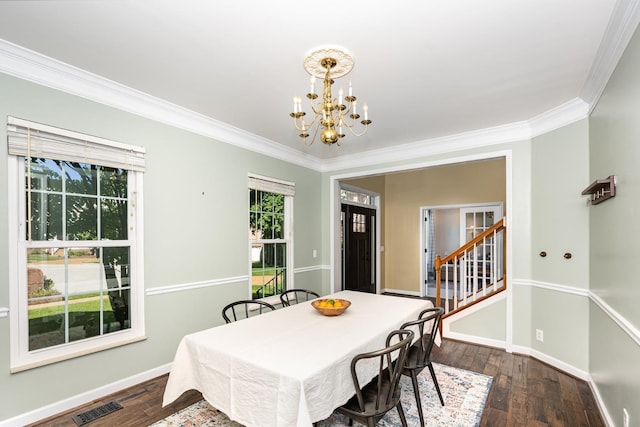 909 Miranda Pl, Franklin, TN 37067 - dining room featuring a chandelier, ornamental molding, dark wood finished floors, baseboards, and stairs