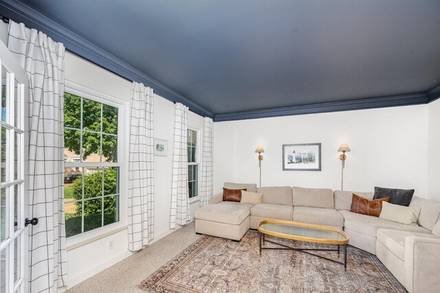 909 Miranda Pl, Franklin, TN 37067 - living area with crown molding and speckle patterned floor