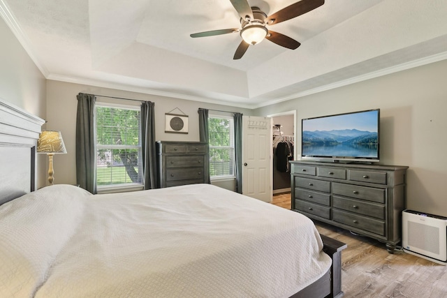 2277 Belotes Ferry Rd, Lebanon, TN 37087 - bedroom featuring a tray ceiling, multiple windows, light wood-style flooring, a spacious closet, and ornamental molding