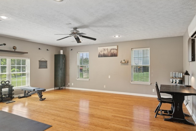2277 Belotes Ferry Rd, Lebanon, TN 37087 - workout area with a textured ceiling, ceiling fan, light wood-type flooring, baseboards, and recessed lighting