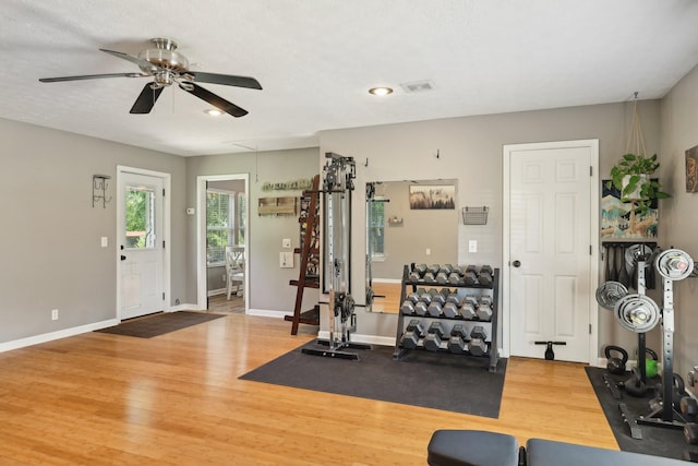 2277 Belotes Ferry Rd, Lebanon, TN 37087 - exercise room featuring wood finished floors, ceiling fan, baseboards, and attic access