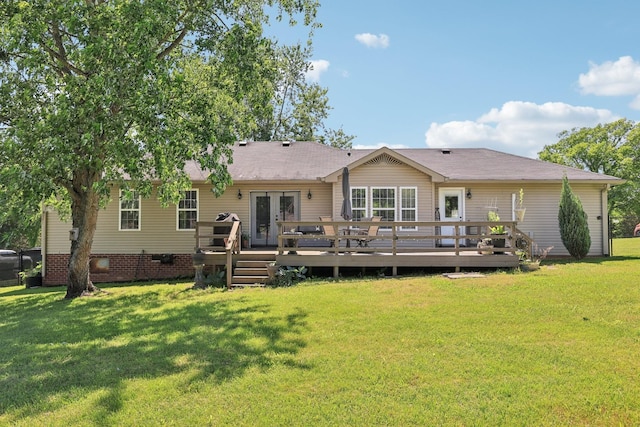 2277 Belotes Ferry Rd, Lebanon, TN 37087 - rear view of property featuring french doors, a wooden deck, a yard, and roof with shingles