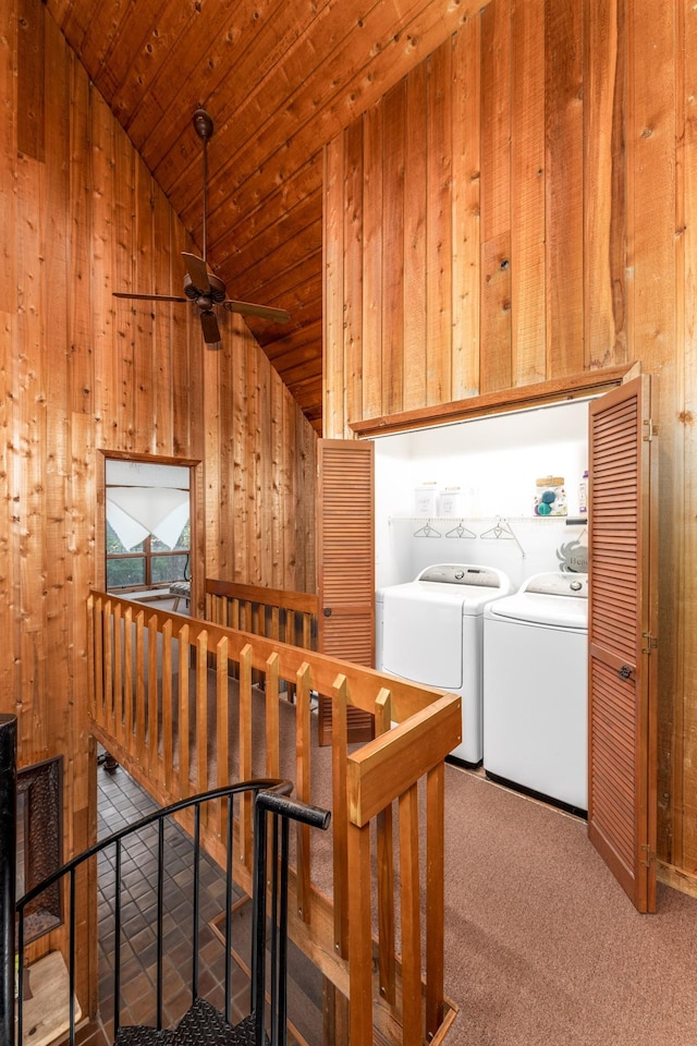 556 Lakeshore Dr, Old Hickory, TN 37138 - staircase with lofted ceiling, washer and clothes dryer, wooden walls, wooden ceiling, and a ceiling fan