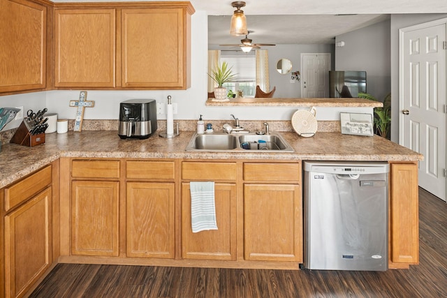 1011 Wolves Den Pl, Murfreesboro, TN 37128 - kitchen featuring stainless steel dishwasher, a peninsula, dark wood-type flooring, a ceiling fan, and light countertops
