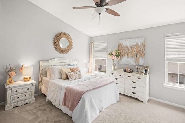 1011 Wolves Den Pl, Murfreesboro, TN 37128 - bedroom with light colored carpet, vaulted ceiling, multiple windows, and a ceiling fan
