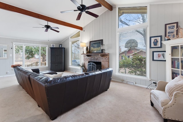209 Woods Dr, Columbia, TN 38401 - carpeted living room with a ceiling fan, a fireplace, and a decorative wall