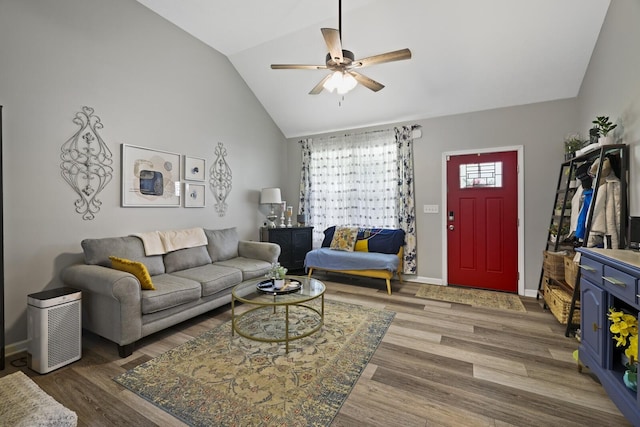 103 Lockhart St, Dickson, TN 37055 - living area featuring ceiling fan, wood finished floors, lofted ceiling, and baseboards