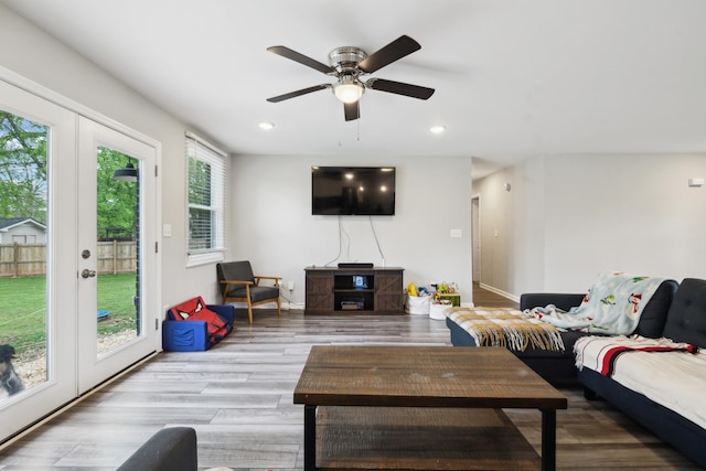 176 Morningside Dr, La Vergne, TN 37086 - living room featuring french doors, wood finished floors, ceiling fan, and recessed lighting
