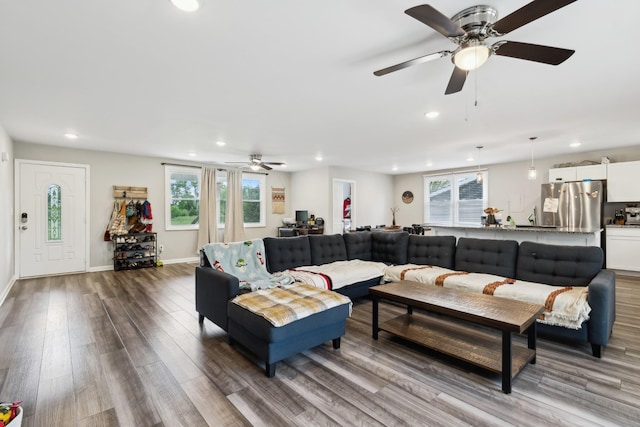 176 Morningside Dr, La Vergne, TN 37086 - living area featuring a ceiling fan, wood finished floors, recessed lighting, and healthy amount of natural light