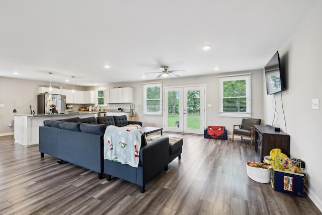 176 Morningside Dr, La Vergne, TN 37086 - living room with dark wood-type flooring, recessed lighting, french doors, a ceiling fan, and baseboards