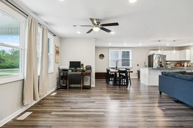 176 Morningside Dr, La Vergne, TN 37086 - living area with recessed lighting, ceiling fan, dark wood-style flooring, baseboards, and a desk