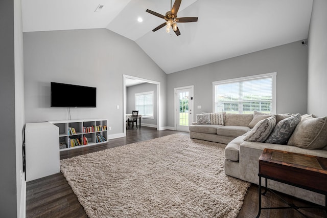1130 Ferrells Loop Rd, Beechgrove, TN 37018 - living room with dark wood finished floors, ceiling fan, high vaulted ceiling, recessed lighting, and baseboards