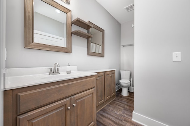 1130 Ferrells Loop Rd, Beechgrove, TN 37018 - bathroom with toilet, wood finished floors, vanity, and baseboards