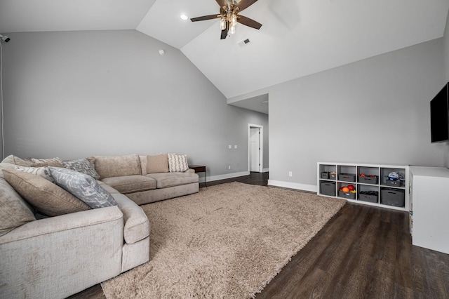1130 Ferrells Loop Rd, Beechgrove, TN 37018 - living area featuring dark wood finished floors, a ceiling fan, vaulted ceiling, baseboards, and recessed lighting