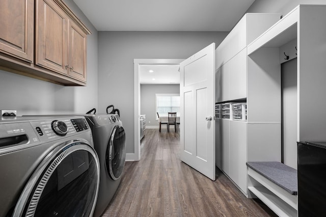 1130 Ferrells Loop Rd, Beechgrove, TN 37018 - laundry area featuring cabinet space, washer and dryer, wood finished floors, recessed lighting, and baseboards