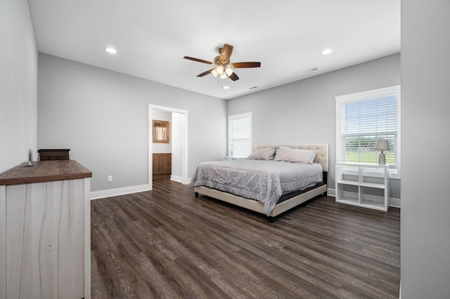 1130 Ferrells Loop Rd, Beechgrove, TN 37018 - bedroom featuring dark wood-type flooring, baseboards, recessed lighting, a ceiling fan, and ensuite bath