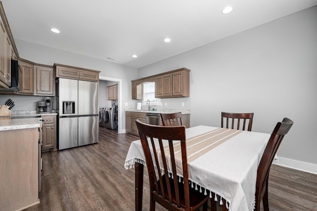 1130 Ferrells Loop Rd, Beechgrove, TN 37018 - dining room featuring washing machine and dryer, dark wood finished floors, recessed lighting, and baseboards