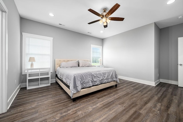1130 Ferrells Loop Rd, Beechgrove, TN 37018 - bedroom with dark wood-type flooring, baseboards, recessed lighting, and ceiling fan