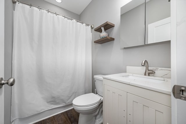 1130 Ferrells Loop Rd, Beechgrove, TN 37018 - bathroom with wood finished floors, toilet, vanity, and a shower with curtain