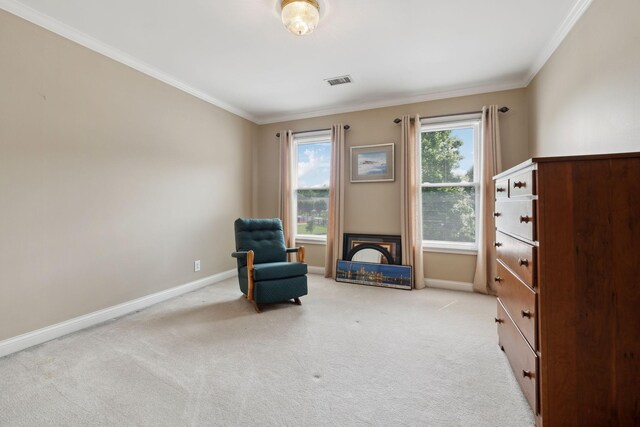 2305 Black Fox Ct, Murfreesboro, TN 37127 - sitting room featuring baseboards, light colored carpet, crown molding, and a fireplace