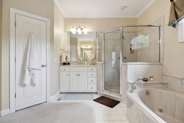 2305 Black Fox Ct, Murfreesboro, TN 37127 - full bath featuring a stall shower, vanity, a jetted tub, crown molding, and tile patterned flooring