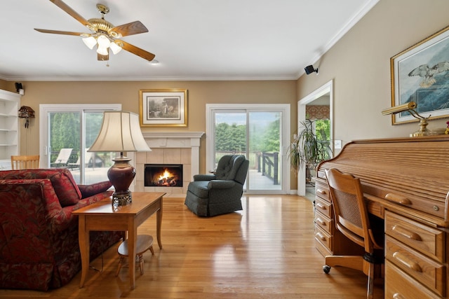 2305 Black Fox Ct, Murfreesboro, TN 37127 - living room featuring plenty of natural light, a fireplace, crown molding, light wood-style flooring, and a ceiling fan