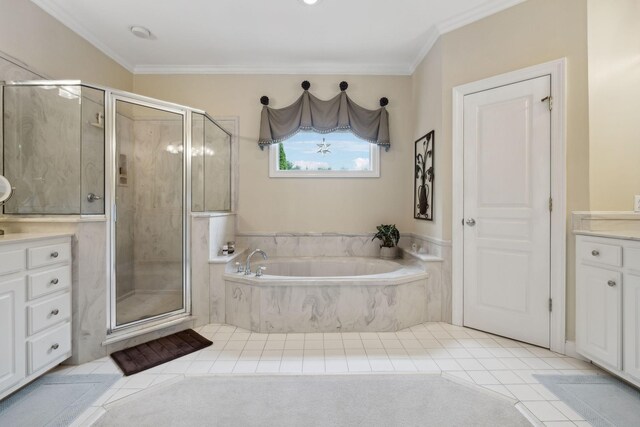 2305 Black Fox Ct, Murfreesboro, TN 37127 - full bath with vanity, a stall shower, a garden tub, crown molding, and tile patterned flooring