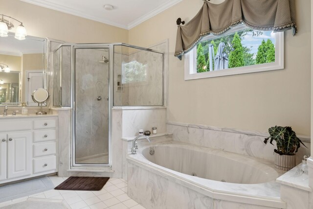 2305 Black Fox Ct, Murfreesboro, TN 37127 - bathroom with a shower stall, vanity, a whirlpool tub, ornamental molding, and tile patterned flooring