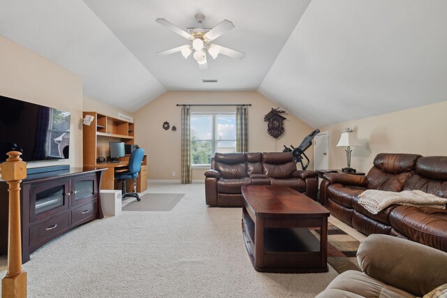 2305 Black Fox Ct, Murfreesboro, TN 37127 - living area with a desk, light colored carpet, vaulted ceiling, and ceiling fan