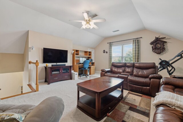 2305 Black Fox Ct, Murfreesboro, TN 37127 - living room featuring ceiling fan, vaulted ceiling, an office area, carpet floors, and baseboards