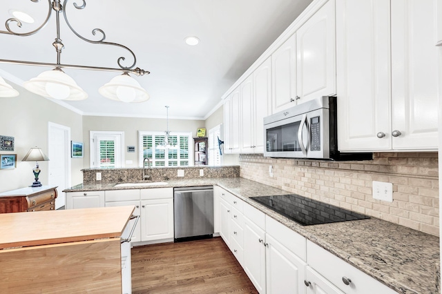 113 Abbeywood Dr, Nashville, TN 37215 - kitchen featuring appliances with stainless steel finishes, a sink, ornamental molding, tasteful backsplash, and white cabinets