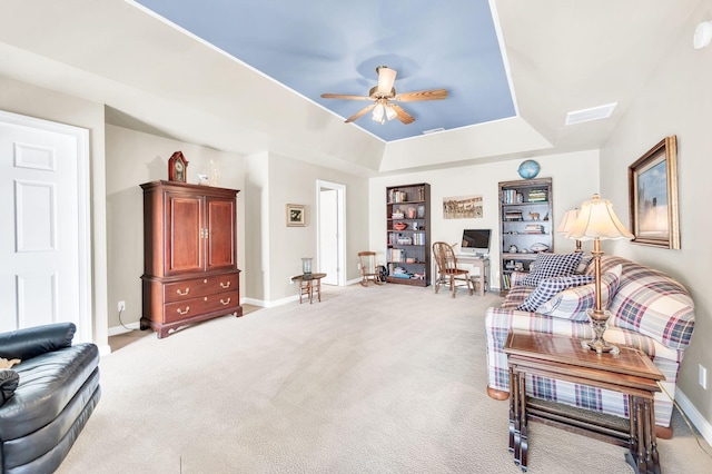 113 Abbeywood Dr, Nashville, TN 37215 - living area featuring a ceiling fan, light colored carpet, baseboards, and a raised ceiling