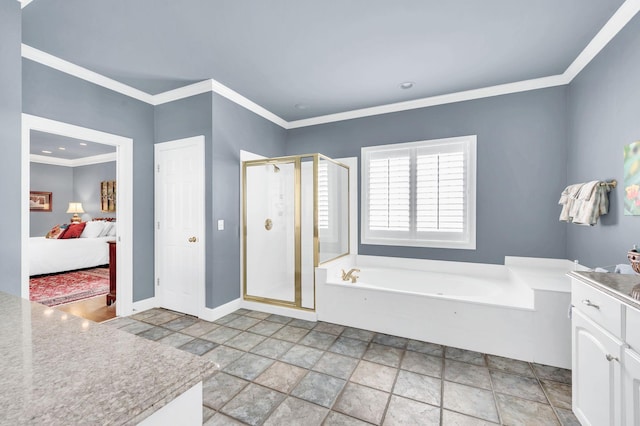 113 Abbeywood Dr, Nashville, TN 37215 - bathroom with stone finish floors, crown molding, a bath, a shower stall, and baseboards