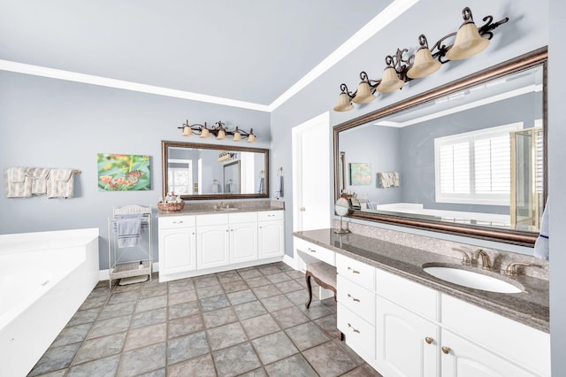 113 Abbeywood Dr, Nashville, TN 37215 - full bath featuring baseboards, stone finish flooring, ornamental molding, a bath, and two vanities