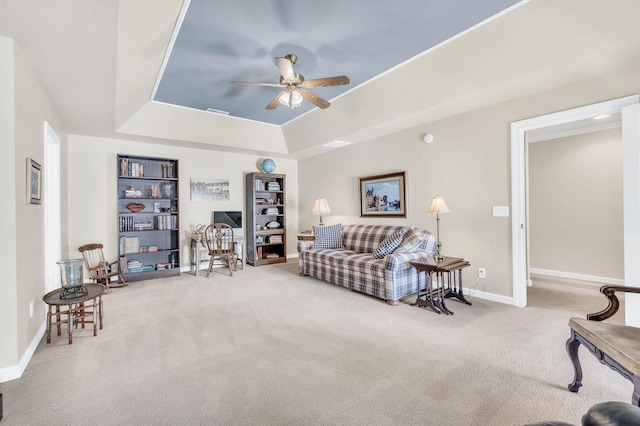 113 Abbeywood Dr, Nashville, TN 37215 - carpeted living area with a tray ceiling, ceiling fan, baseboards, and built in features