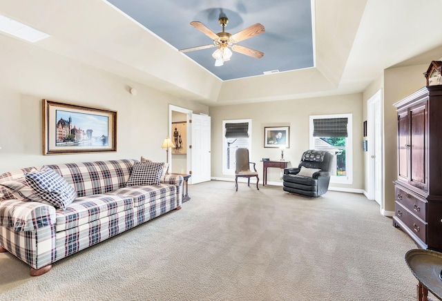 113 Abbeywood Dr, Nashville, TN 37215 - living area with carpet flooring, baseboards, ceiling fan, and a tray ceiling