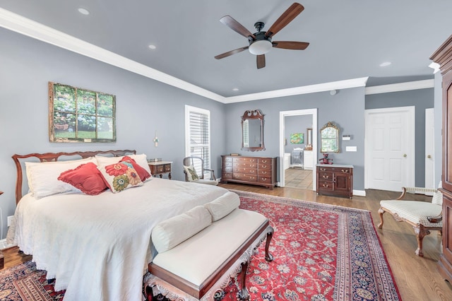 113 Abbeywood Dr, Nashville, TN 37215 - bedroom featuring wood finished floors, ornamental molding, recessed lighting, connected bathroom, and a ceiling fan