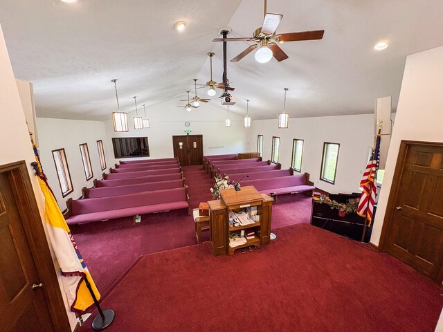 110 Hankins Rd, Hohenwald, TN 38462 - rec room featuring a ceiling fan, carpet flooring, and vaulted ceiling