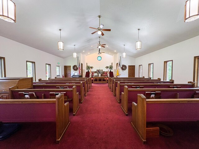 110 Hankins Rd, Hohenwald, TN 38462 - miscellaneous room featuring dark colored carpet, vaulted ceiling, and a ceiling fan