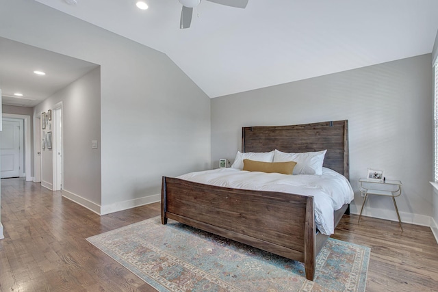 6214A California Ave, Nashville, TN 37209 - bedroom featuring baseboards, wood finished floors, recessed lighting, vaulted ceiling, and ceiling fan