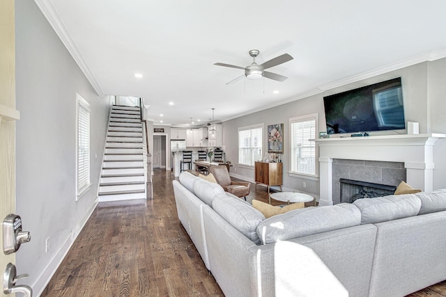 6214A California Ave, Nashville, TN 37209 - living area featuring ornamental molding, a tile fireplace, recessed lighting, stairway, and a ceiling fan