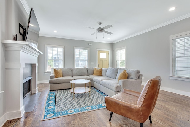 6214A California Ave, Nashville, TN 37209 - living room with ceiling fan, plenty of natural light, a fireplace with flush hearth, wood finished floors, and recessed lighting