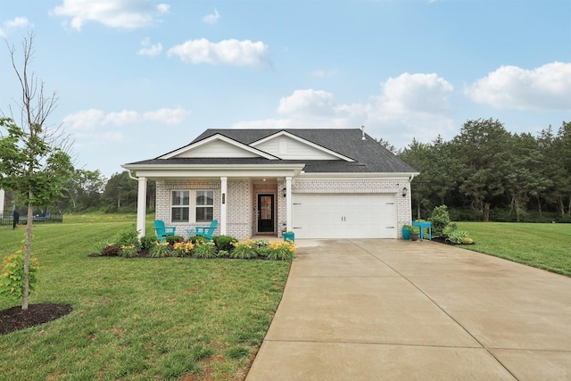 3706 Bonnie Blue Ct, Rockvale, TN 37153 - view of front facade featuring brick siding, covered porch, a front lawn, concrete driveway, and a garage