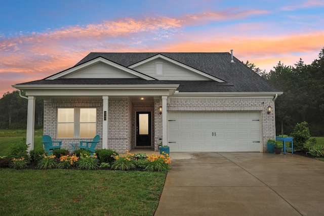 3706 Bonnie Blue Ct, Rockvale, TN 37153 - view of front facade featuring covered porch, brick siding, concrete driveway, a front yard, and a shingled roof